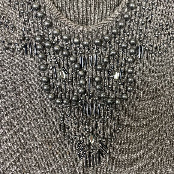 Lauren Michelle Metallic Beaded Shirt Size L Gray Silver Stretchy Knit Party - Picture 4 of 9